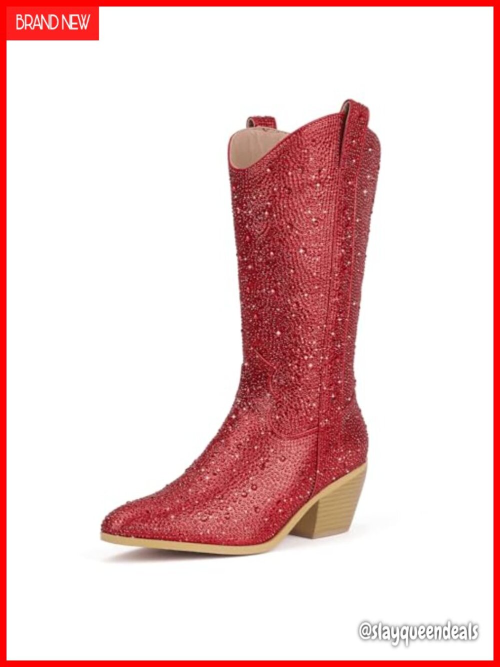 Rhinestone Mid Calf Cowboy Boots Pointed Toe Block Heel Western